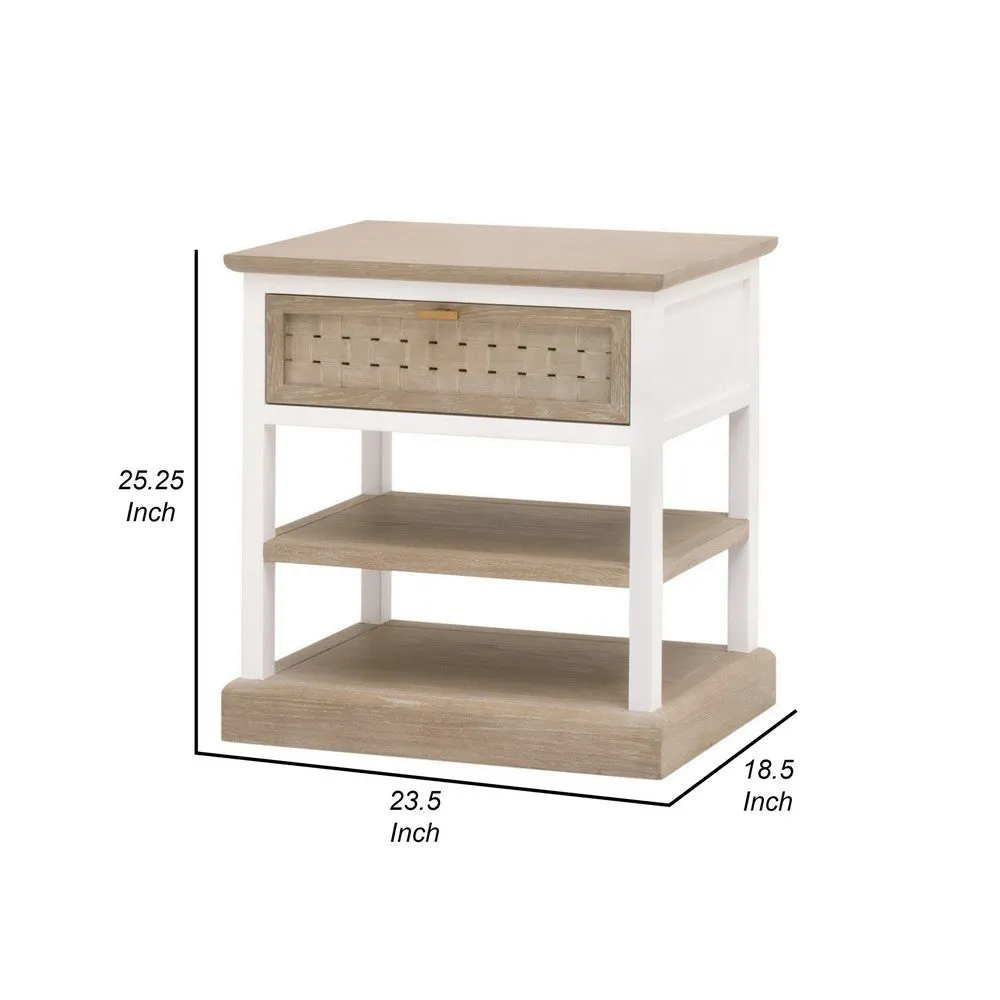 25 Inch Side End Table, 1 Drawer, 2 Open Storage Shelves, White, Oak Brown By Casagear Home