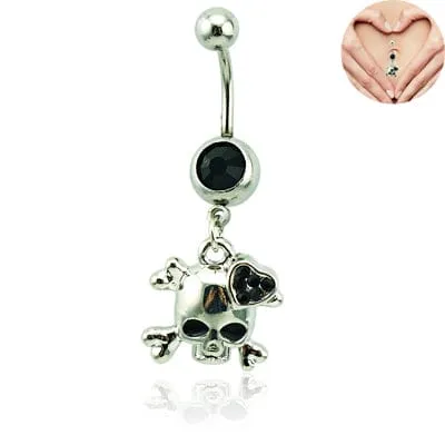 Belly Button Ring Surgical Steel Dangle Rhinestone Heart Skull 💀
