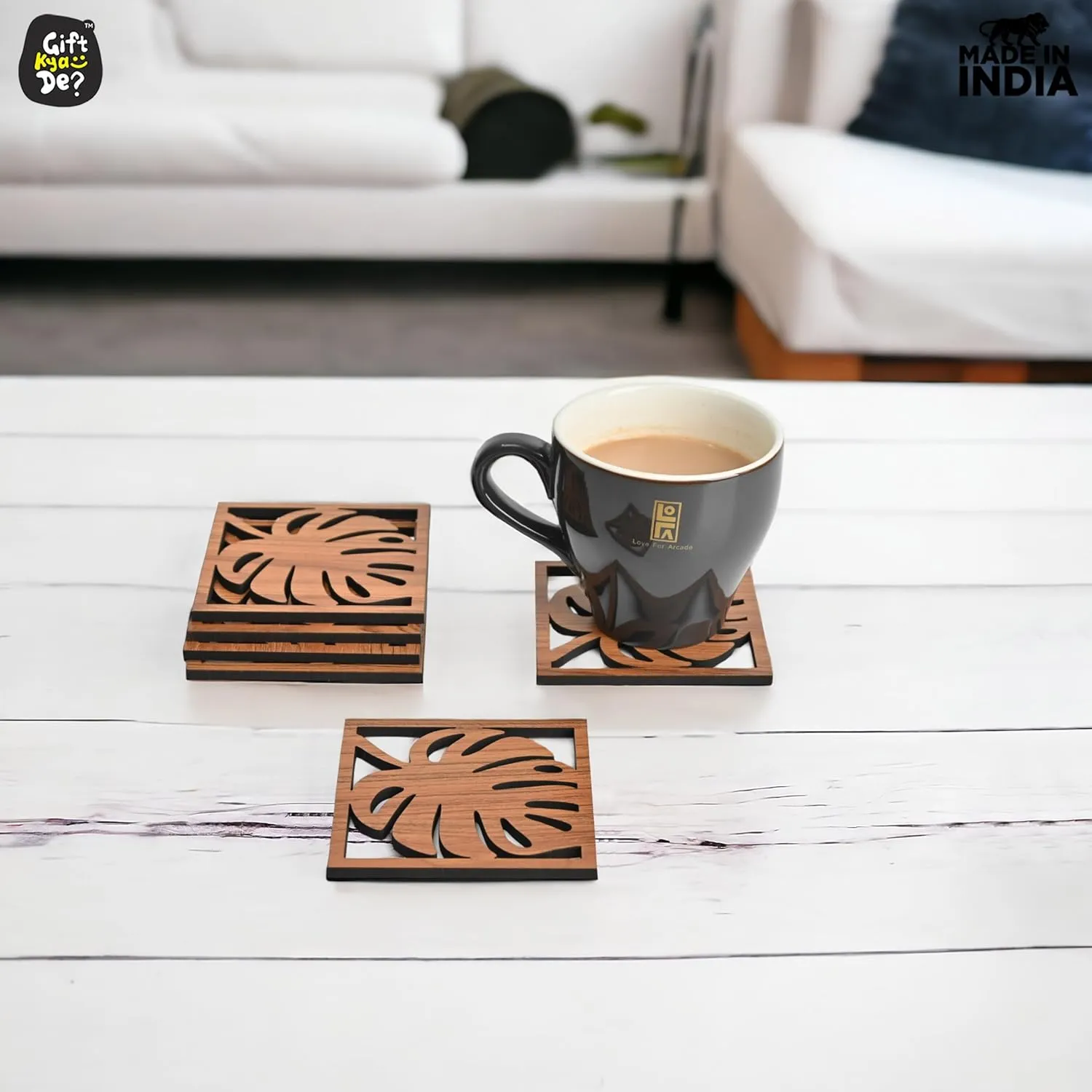Coaster Set of 6 Leaf Cutwork Design | Wooden Coasters to Serve Tea Cups, Coffee Mugs and Glasses
