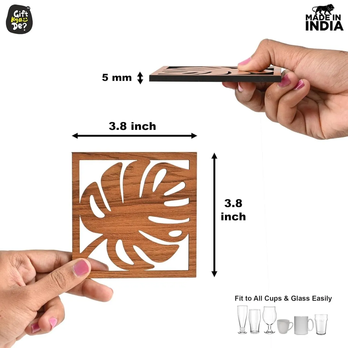 Coaster Set of 6 Leaf Cutwork Design | Wooden Coasters to Serve Tea Cups, Coffee Mugs and Glasses