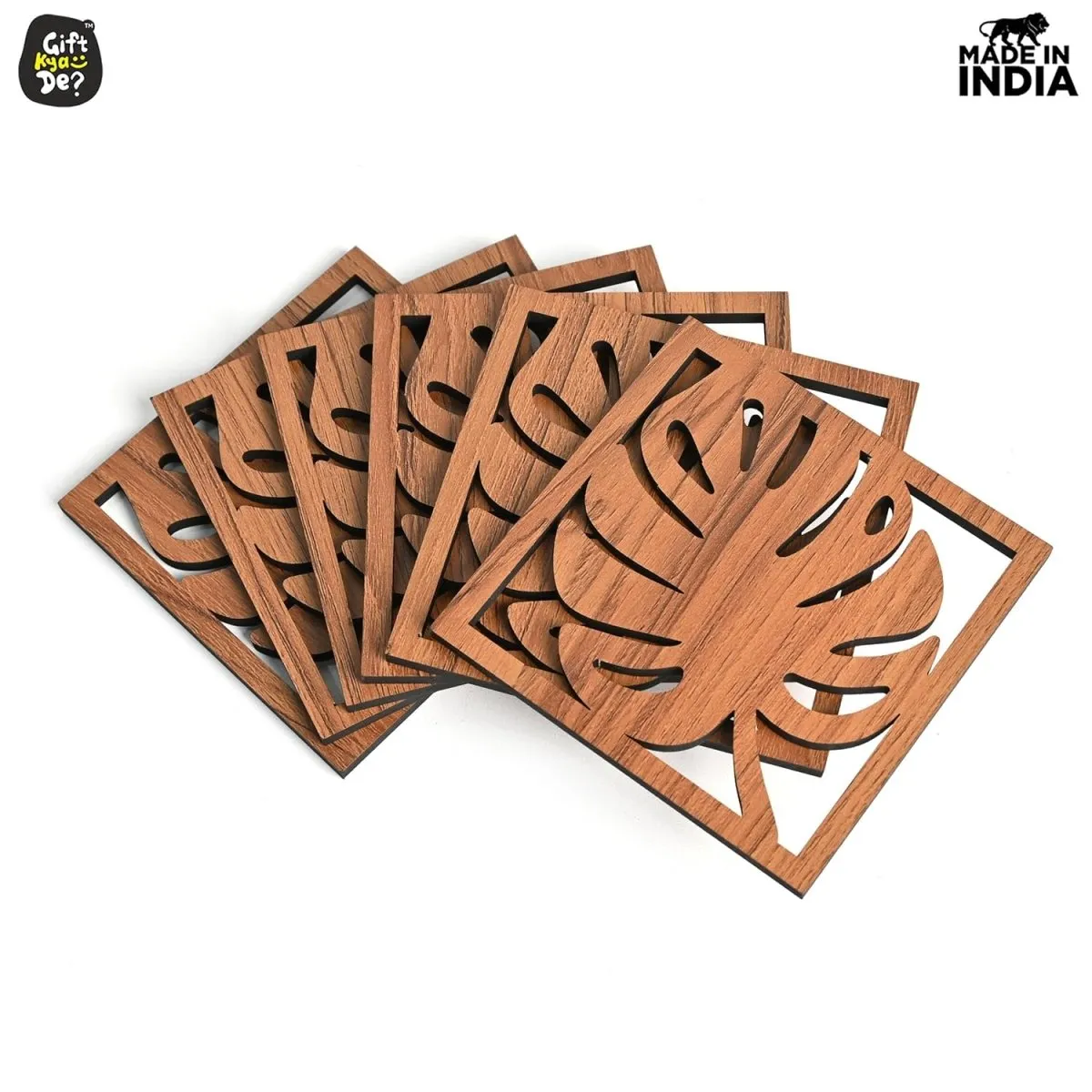 Coaster Set of 6 Leaf Cutwork Design | Wooden Coasters to Serve Tea Cups, Coffee Mugs and Glasses