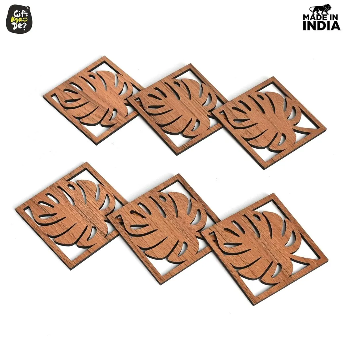 Coaster Set of 6 Leaf Cutwork Design | Wooden Coasters to Serve Tea Cups, Coffee Mugs and Glasses