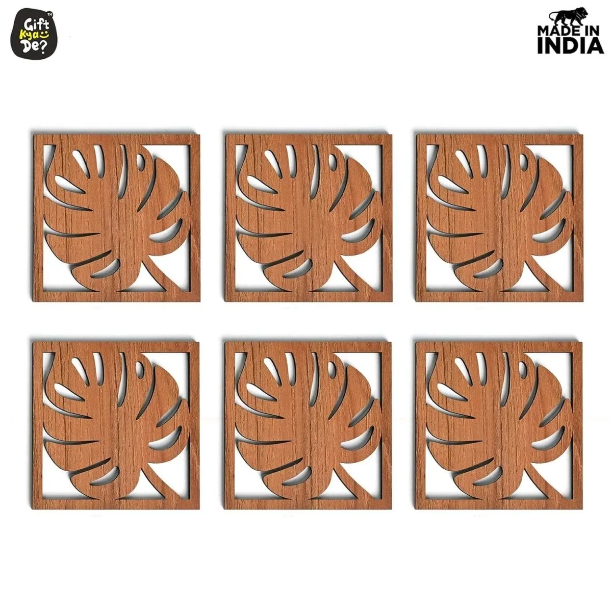 Coaster Set of 6 Leaf Cutwork Design | Wooden Coasters to Serve Tea Cups, Coffee Mugs and Glasses