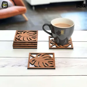 Coaster Set of 6 Leaf Cutwork Design | Wooden Coasters to Serve Tea Cups, Coffee Mugs and Glasses