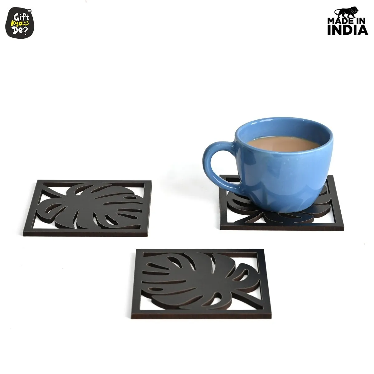 Coaster Set of 6 Leaf Cutwork Design | Wooden Coasters to Serve Tea Cups, Coffee Mugs and Glasses