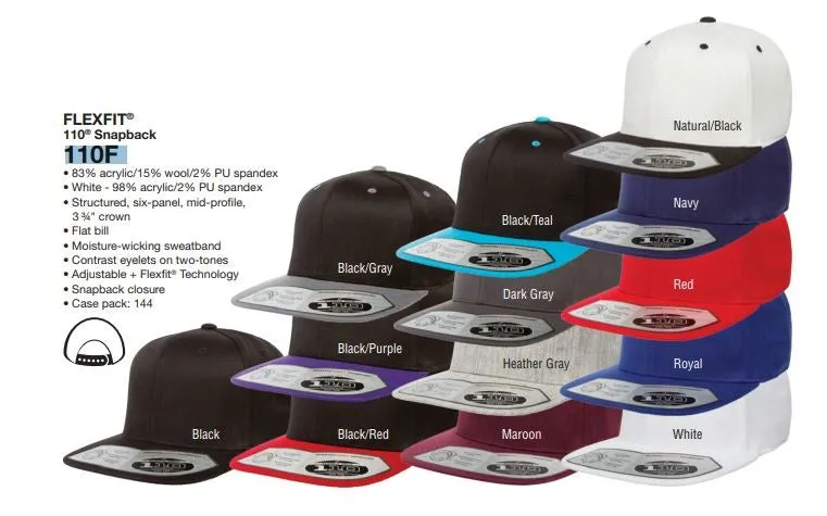 Custom Embroidery, 110F Flexfit Wool Blend Flat Bill Snapback Hats
