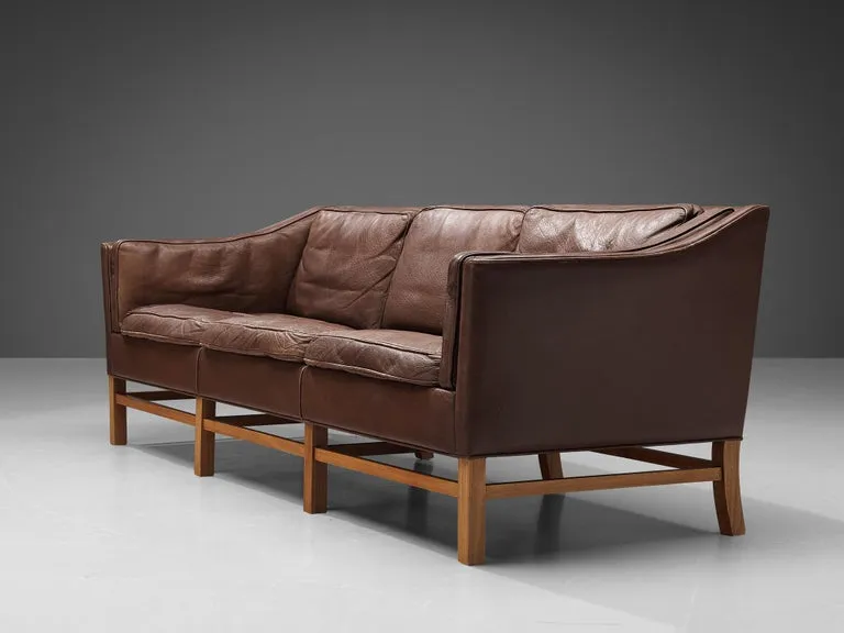 Danish Three Seat Sofa in Umber Leather and Mahogany
