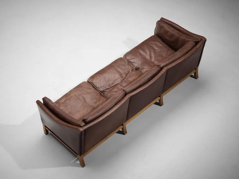 Danish Three Seat Sofa in Umber Leather and Mahogany