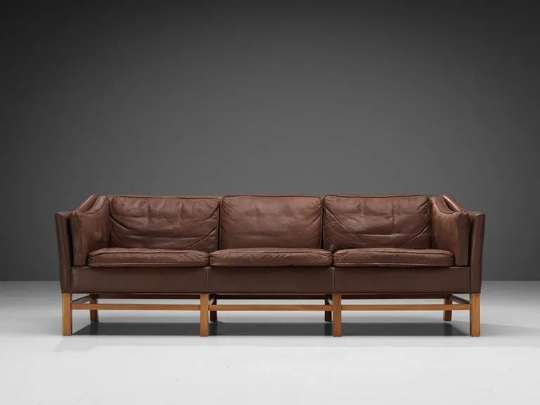 Danish Three Seat Sofa in Umber Leather and Mahogany
