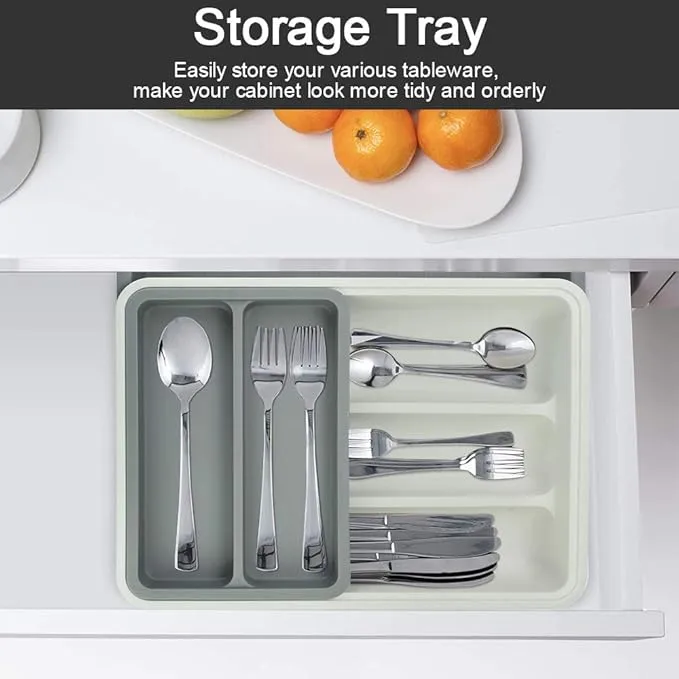 Grey Cutlery Tray, Utensil Drawer Organizer, Anti-Slip Cutlery Organiser, 3-in-1Expandable Kitchen Drawer Inserts with 7 Compartment