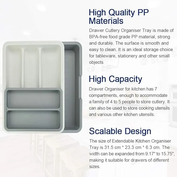 Grey Cutlery Tray, Utensil Drawer Organizer, Anti-Slip Cutlery Organiser, 3-in-1Expandable Kitchen Drawer Inserts with 7 Compartment