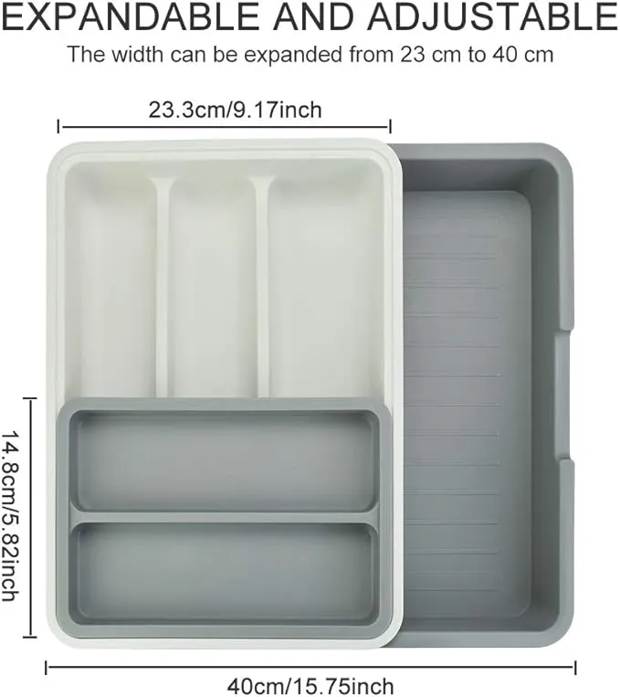Grey Cutlery Tray, Utensil Drawer Organizer, Anti-Slip Cutlery Organiser, 3-in-1Expandable Kitchen Drawer Inserts with 7 Compartment