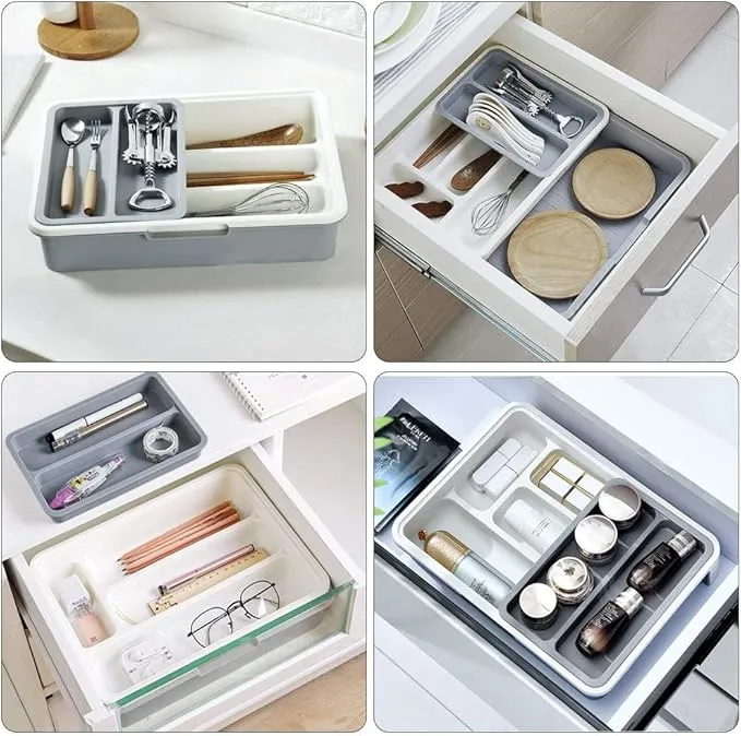 Grey Cutlery Tray, Utensil Drawer Organizer, Anti-Slip Cutlery Organiser, 3-in-1Expandable Kitchen Drawer Inserts with 7 Compartment