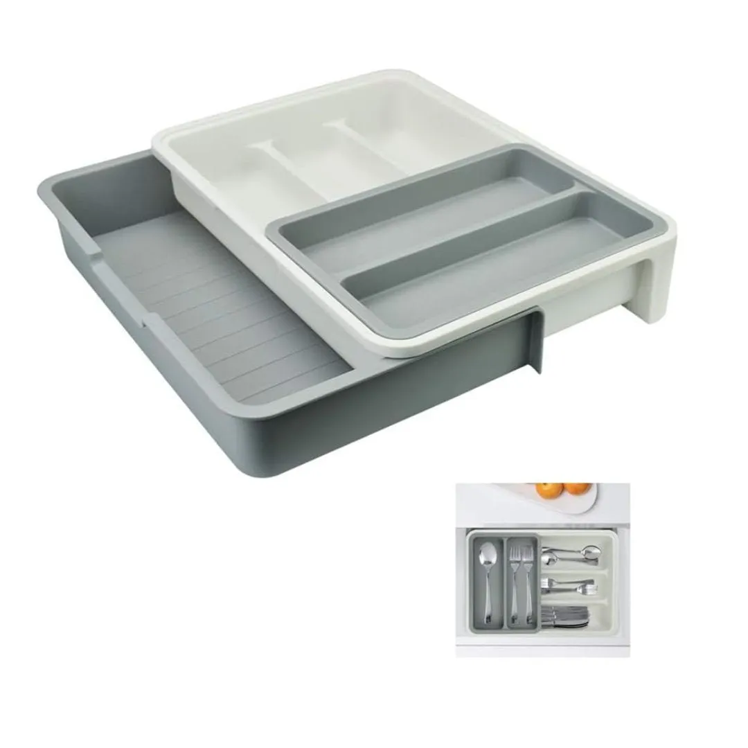 Grey Cutlery Tray, Utensil Drawer Organizer, Anti-Slip Cutlery Organiser, 3-in-1Expandable Kitchen Drawer Inserts with 7 Compartment