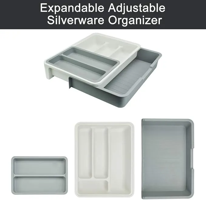Grey Cutlery Tray, Utensil Drawer Organizer, Anti-Slip Cutlery Organiser, 3-in-1Expandable Kitchen Drawer Inserts with 7 Compartment
