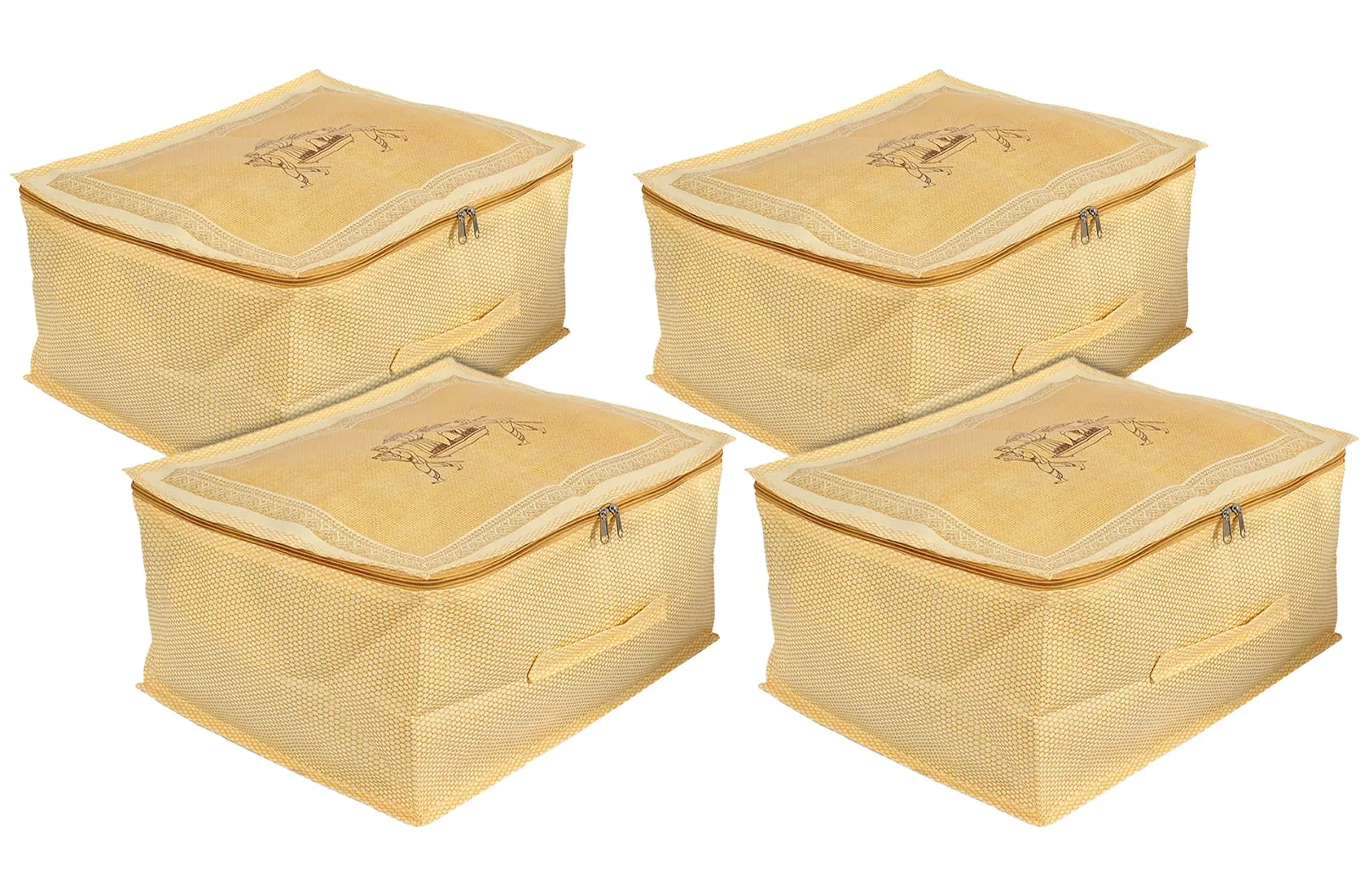 Heart Home Doli Printed Non-woven Underbed, Strorage Organizer With Transparent Window- Pack of 4 (Gold)-50HH01814