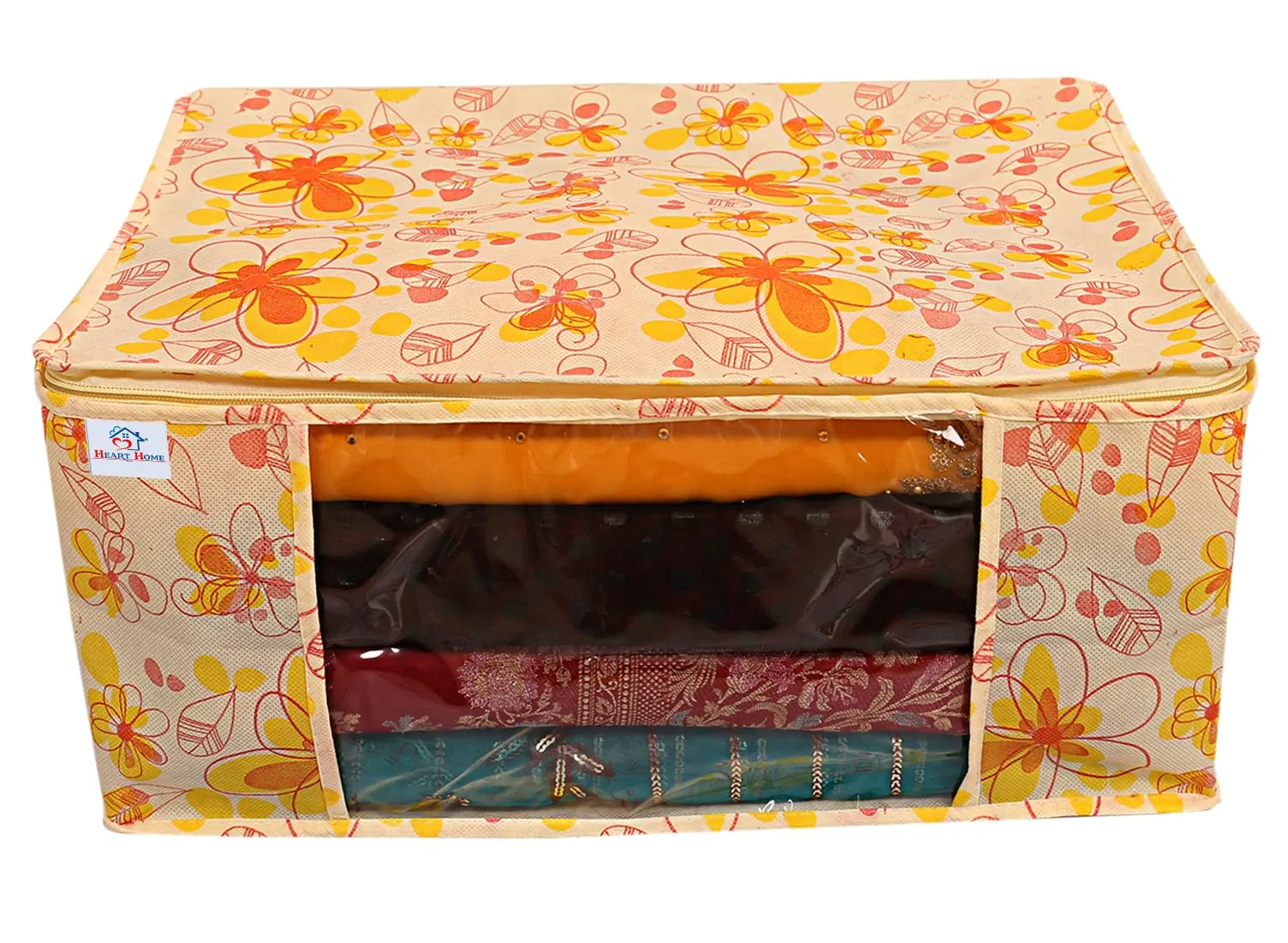 Heart Home Flower Design Non-woven Foldable Saree Cover/Clothes Storage Bag/Wardrobe Organizer With Transparent Window- Pack of 3 (Yellow)-44HH0393