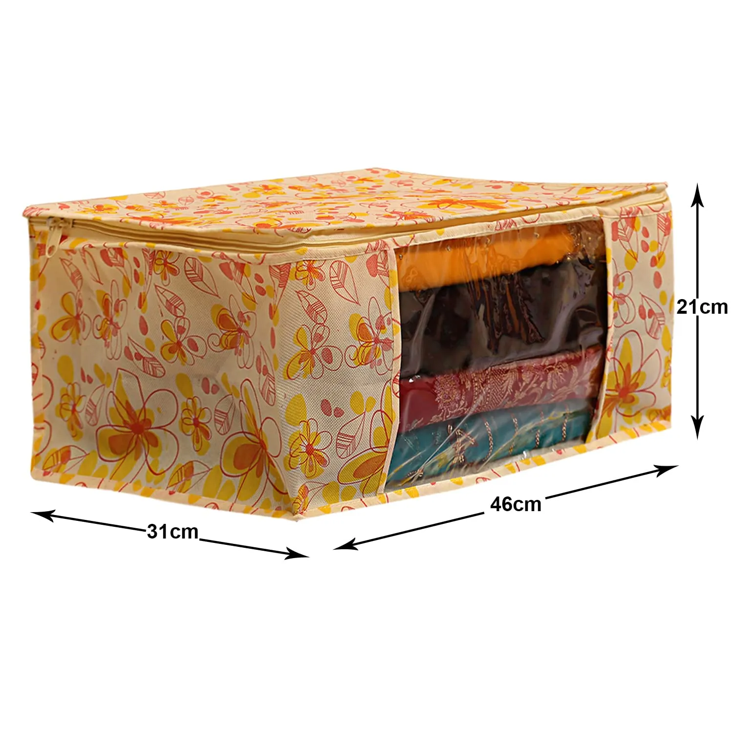 Heart Home Flower Design Non-woven Foldable Saree Cover/Clothes Storage Bag/Wardrobe Organizer With Transparent Window- Pack of 3 (Yellow)-44HH0393