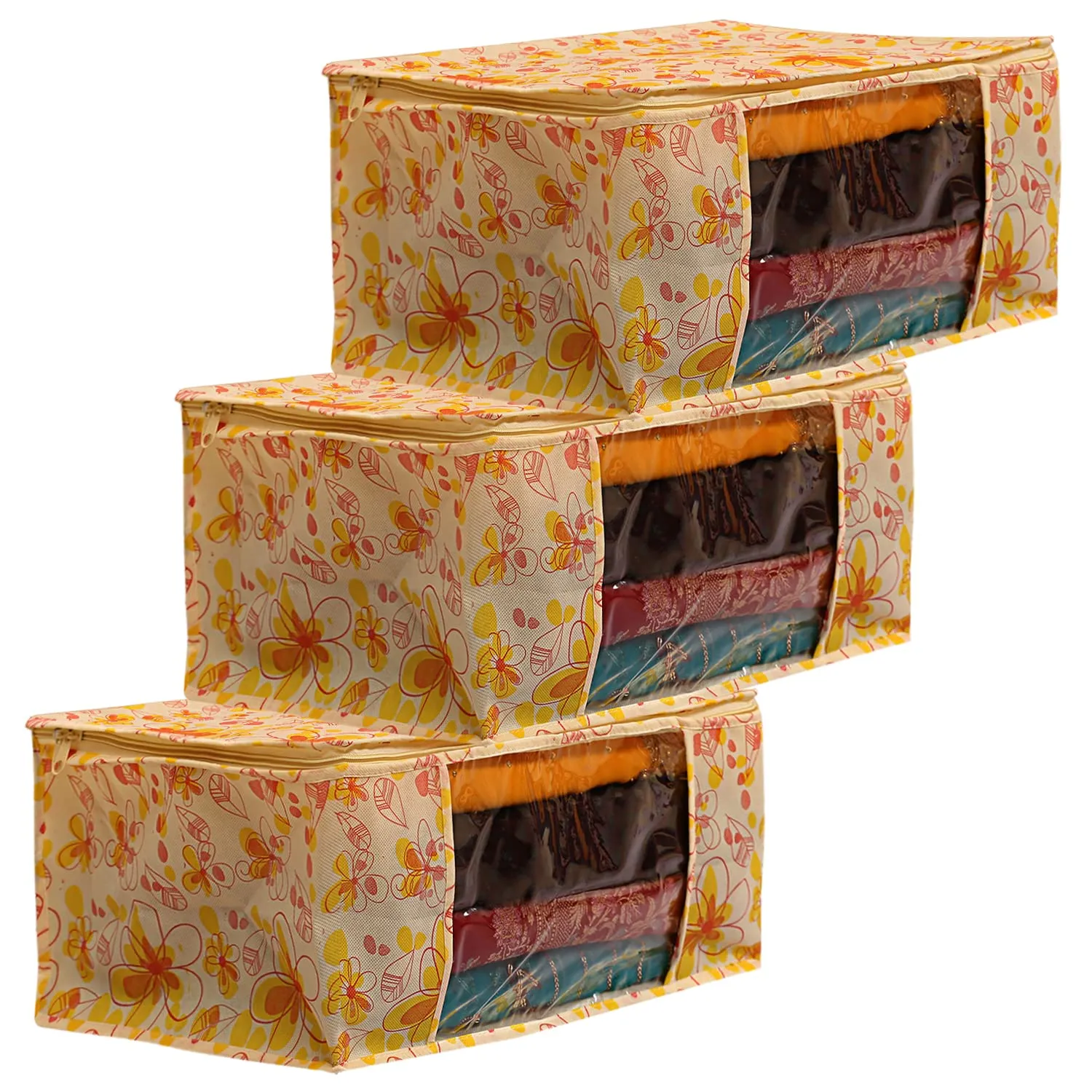 Heart Home Flower Design Non-woven Foldable Saree Cover/Clothes Storage Bag/Wardrobe Organizer With Transparent Window- Pack of 3 (Yellow)-44HH0393