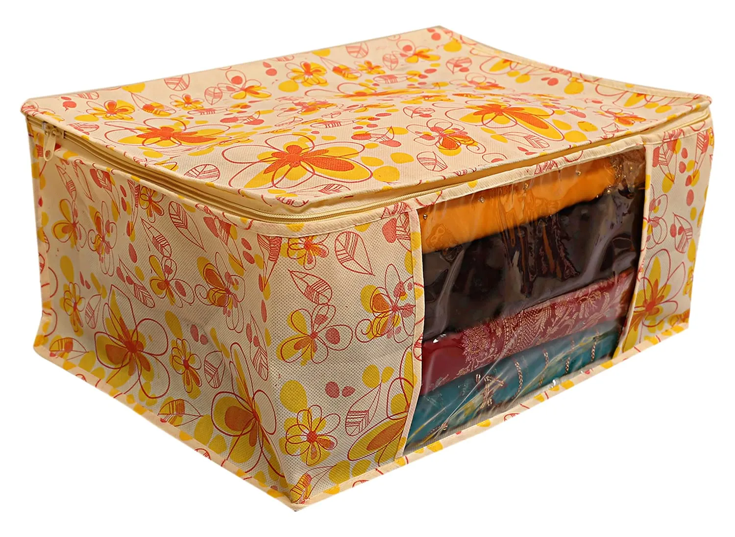 Heart Home Flower Design Non-woven Foldable Saree Cover/Clothes Storage Bag/Wardrobe Organizer With Transparent Window- Pack of 3 (Yellow)-44HH0393