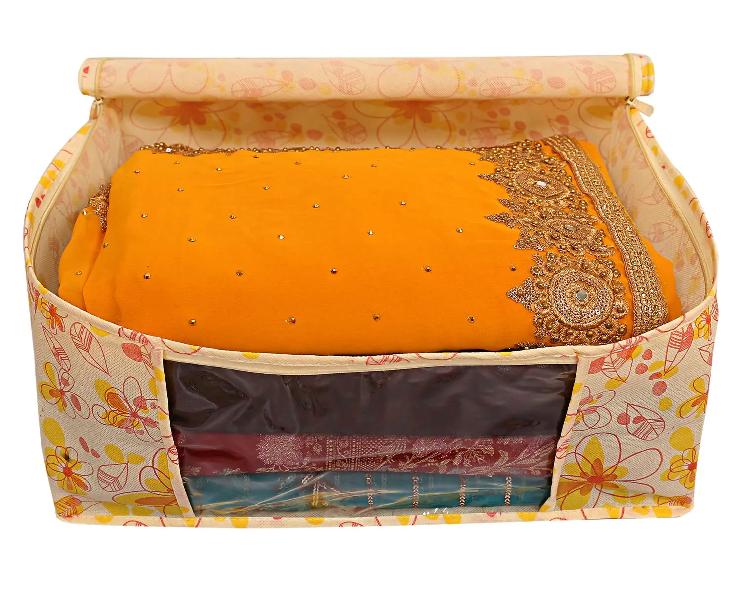 Heart Home Flower Design Non-woven Foldable Saree Cover/Clothes Storage Bag/Wardrobe Organizer With Transparent Window- Pack of 3 (Yellow)-44HH0393