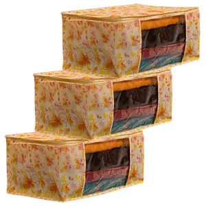 Heart Home Flower Design Non-woven Foldable Saree Cover/Clothes Storage Bag/Wardrobe Organizer With Transparent Window- Pack of 3 (Yellow)-44HH0393