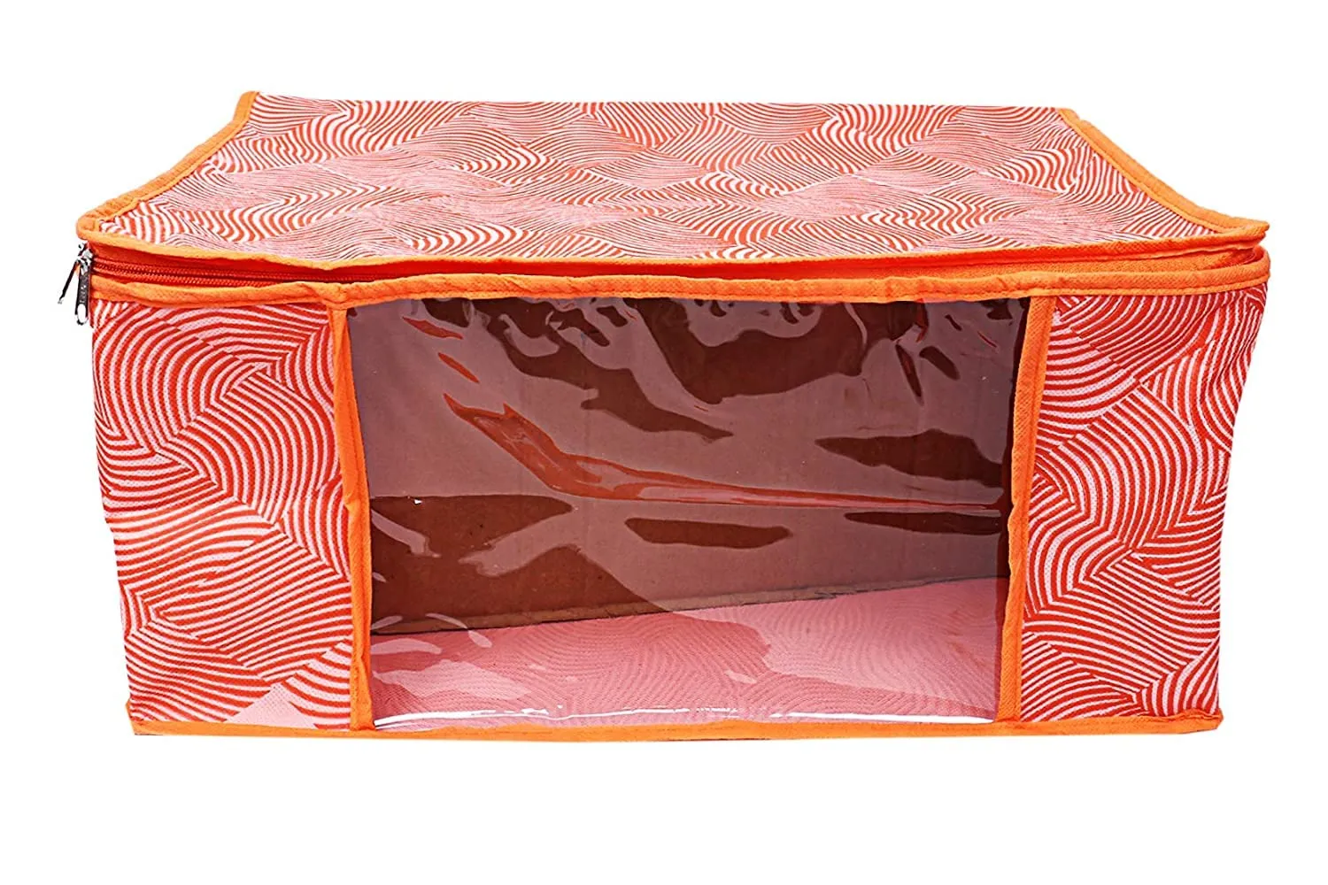 Heart Home Lahariya Design Non-woven Sarees, Clothes Cover/Organizer With Transparent Window- Pack of 12 (Orange)-44HH0384