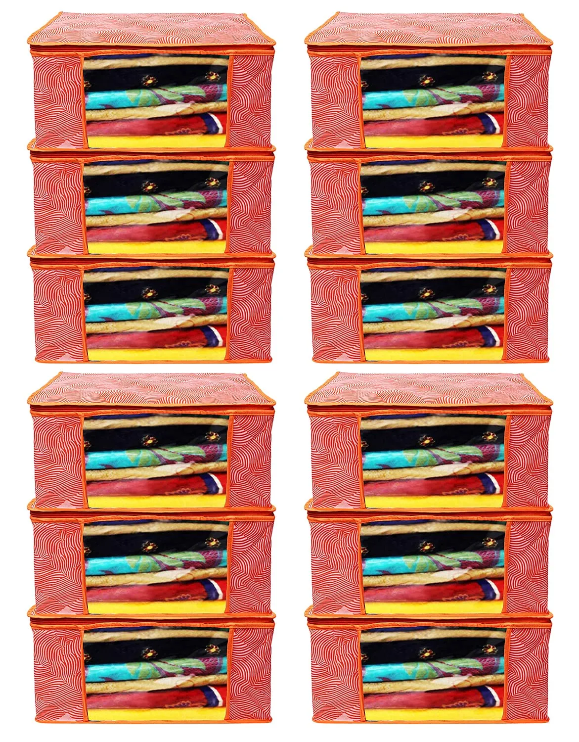 Heart Home Lahariya Design Non-woven Sarees, Clothes Cover/Organizer With Transparent Window- Pack of 12 (Orange)-44HH0384