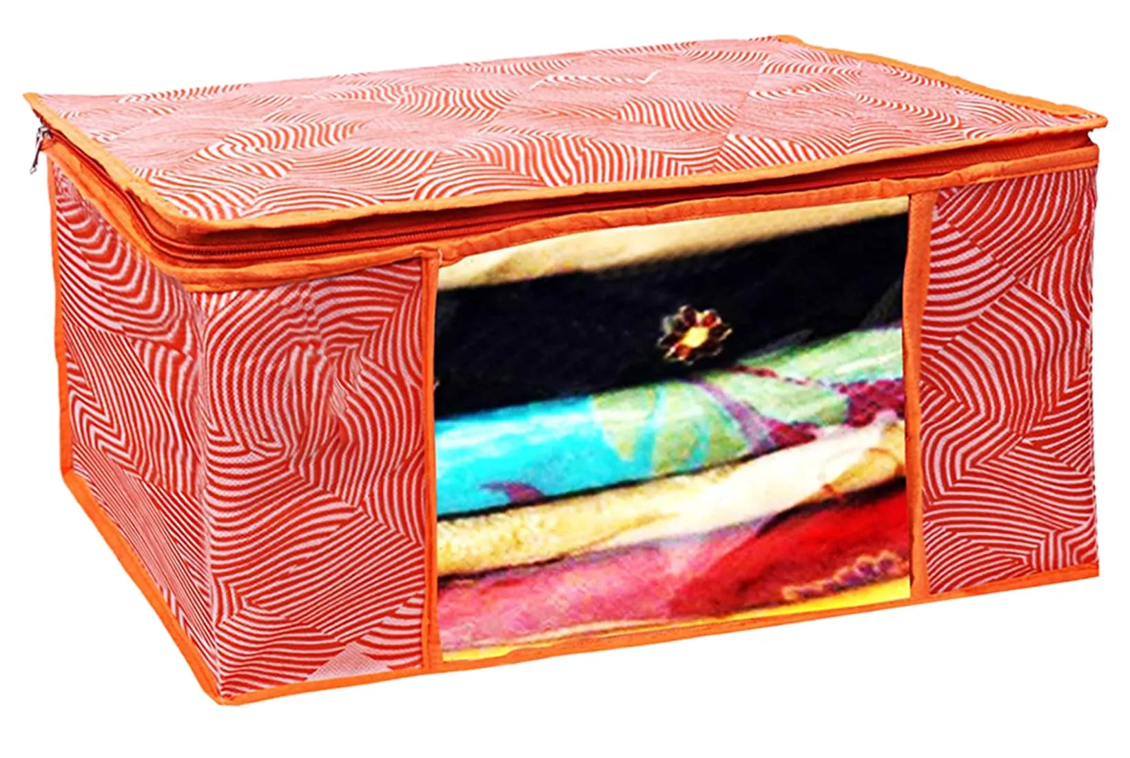 Heart Home Lahariya Design Non-woven Sarees, Clothes Cover/Organizer With Transparent Window- Pack of 12 (Orange)-44HH0384