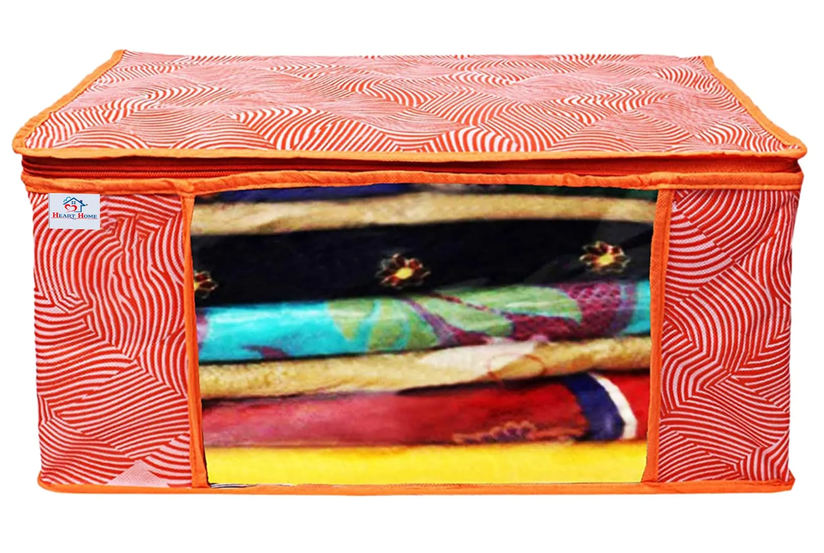 Heart Home Lahariya Design Non-woven Sarees, Clothes Cover/Organizer With Transparent Window- Pack of 12 (Orange)-44HH0384