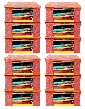 Heart Home Lahariya Design Non-woven Sarees, Clothes Cover/Organizer With Transparent Window- Pack of 12 (Orange)-44HH0384