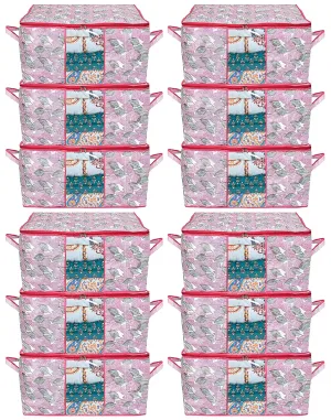 Heart Home Leaf Design Non-woven Underbed, Strorage Organizer With Transparent Window- Pack of 12 (Pink)-44HH0492
