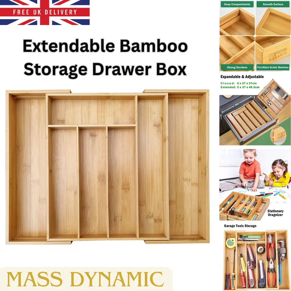 MASS DYNAMIC Bamboo Cutlery Tray, Expandable Drawer Organiser, Space-Saving 5-7 Storage Compartments Holds Silverware, Kitchen Utensils, Office Supplies, Bathroom Accessories (Size: 5x48.5x37cm)