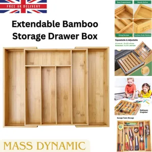 MASS DYNAMIC Bamboo Cutlery Tray, Expandable Drawer Organiser, Space-Saving 5-7 Storage Compartments Holds Silverware, Kitchen Utensils, Office Supplies, Bathroom Accessories (Size: 5x48.5x37cm)
