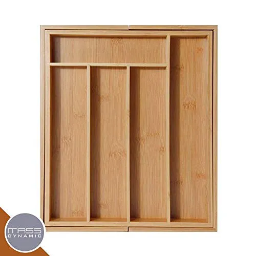 MASS DYNAMIC Bamboo Cutlery Tray, Expandable Drawer Organiser, Space-Saving 5-7 Storage Compartments Holds Silverware, Kitchen Utensils, Office Supplies, Bathroom Accessories (Size: 5x48.5x37cm)