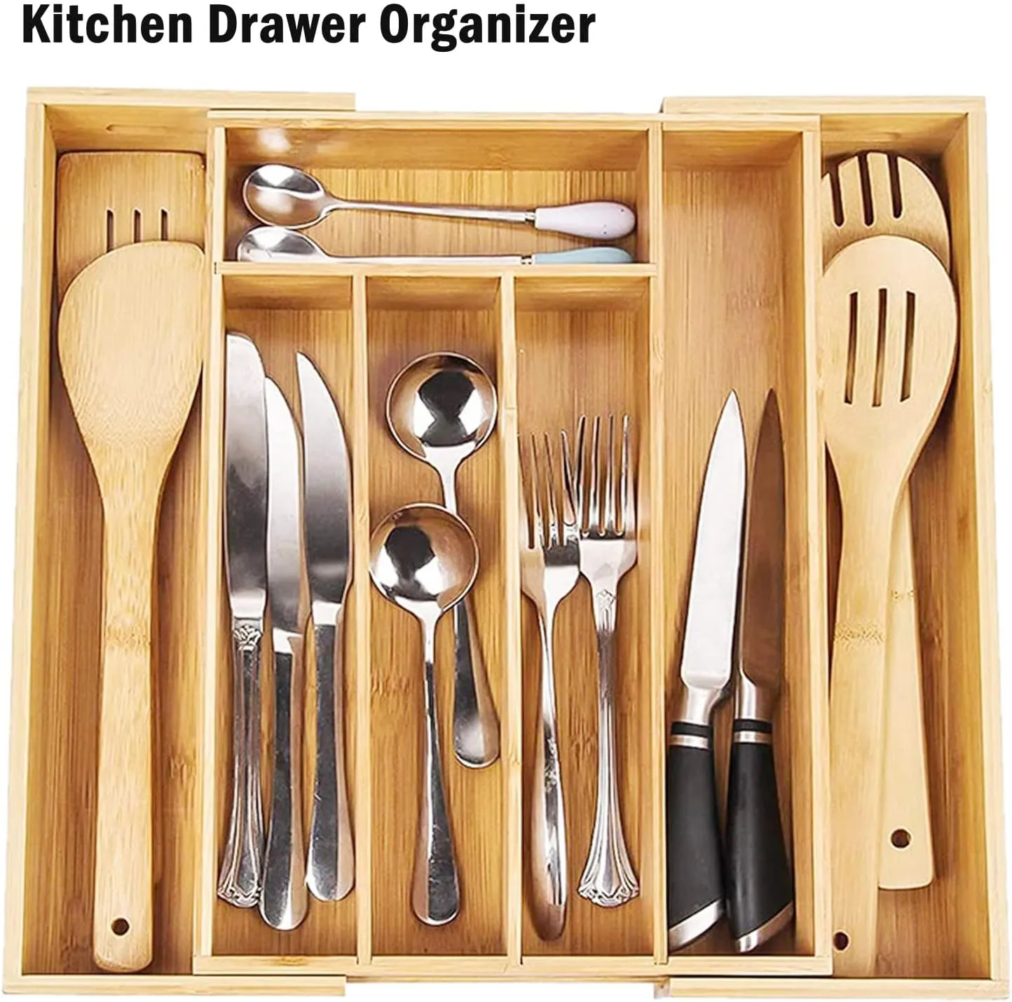 MASS DYNAMIC Bamboo Cutlery Tray, Expandable Drawer Organiser, Space-Saving 5-7 Storage Compartments Holds Silverware, Kitchen Utensils, Office Supplies, Bathroom Accessories (Size: 5x48.5x37cm)