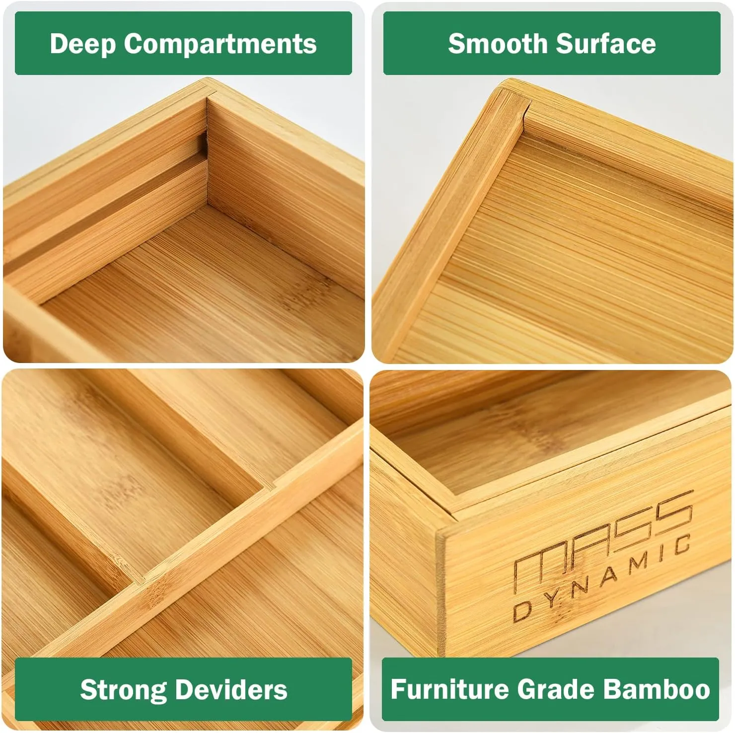 MASS DYNAMIC Bamboo Cutlery Tray, Expandable Drawer Organiser, Space-Saving 5-7 Storage Compartments Holds Silverware, Kitchen Utensils, Office Supplies, Bathroom Accessories (Size: 5x48.5x37cm)