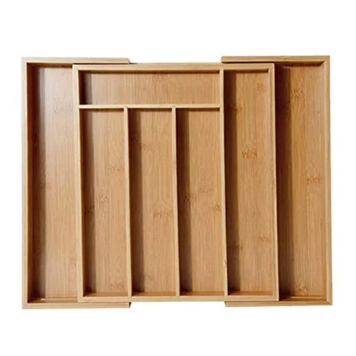 MASS DYNAMIC Bamboo Cutlery Tray, Expandable Drawer Organiser, Space-Saving 5-7 Storage Compartments Holds Silverware, Kitchen Utensils, Office Supplies, Bathroom Accessories (Size: 5x48.5x37cm)