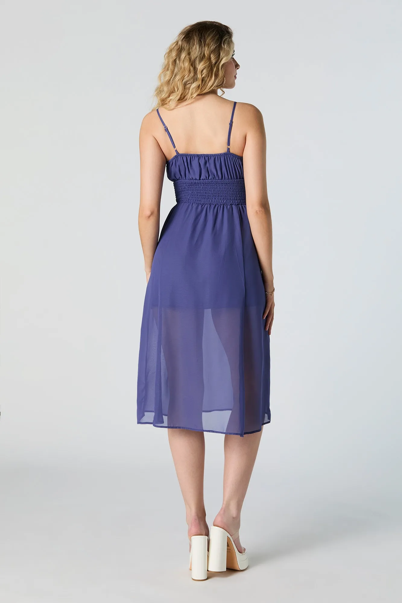 Mesh Smocked Waist Sleeveless Midi Dress