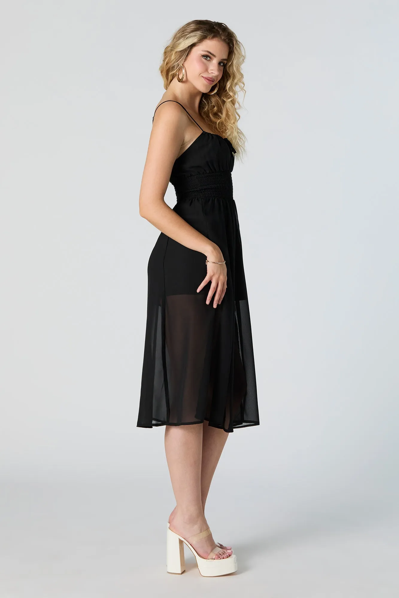 Mesh Smocked Waist Sleeveless Midi Dress