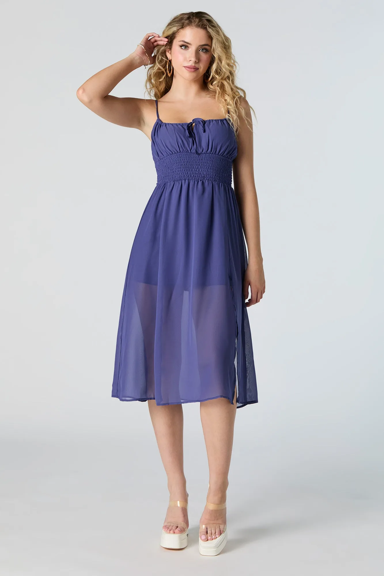 Mesh Smocked Waist Sleeveless Midi Dress