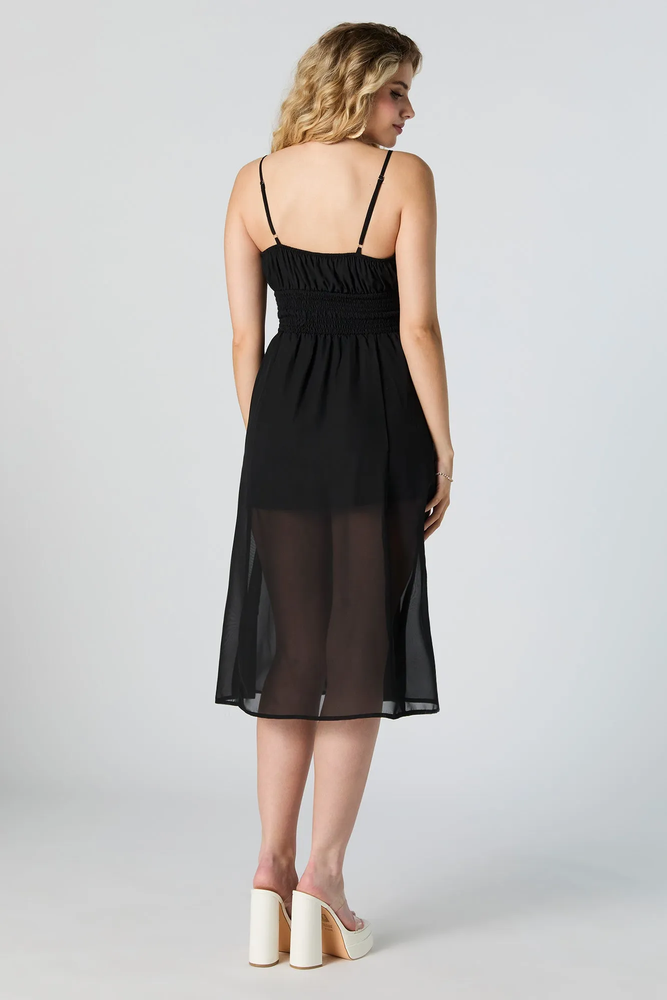 Mesh Smocked Waist Sleeveless Midi Dress
