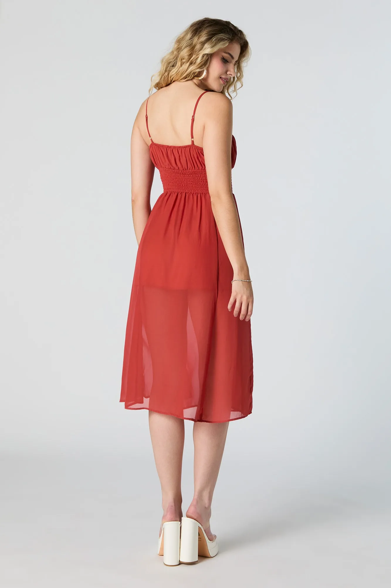Mesh Smocked Waist Sleeveless Midi Dress
