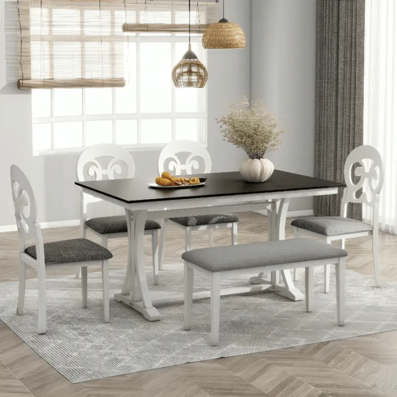 Mid-Century 6-Piece Trestle Table Set