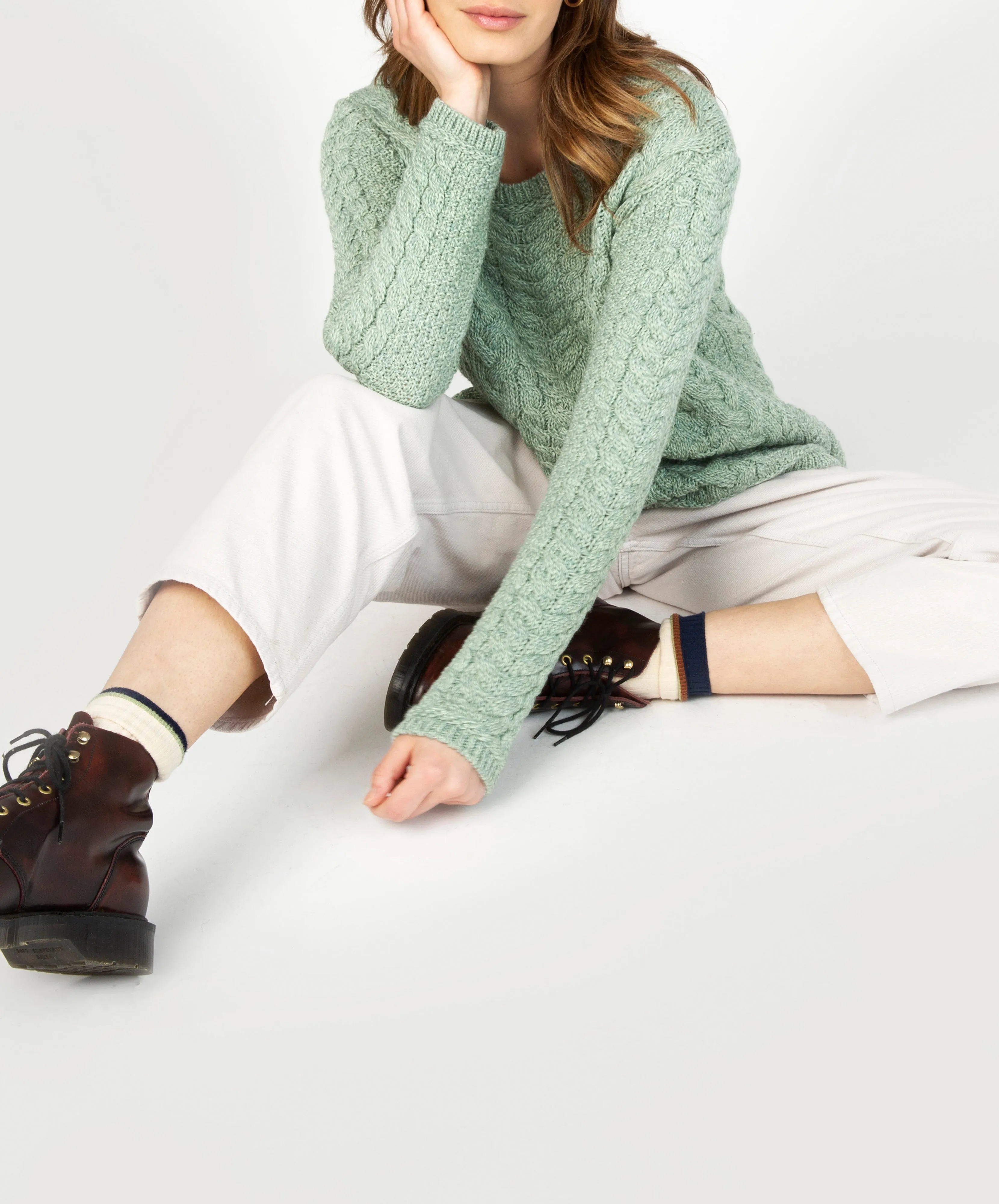 Primrose A-Line Cable Round Neck Sweater Sage Marl