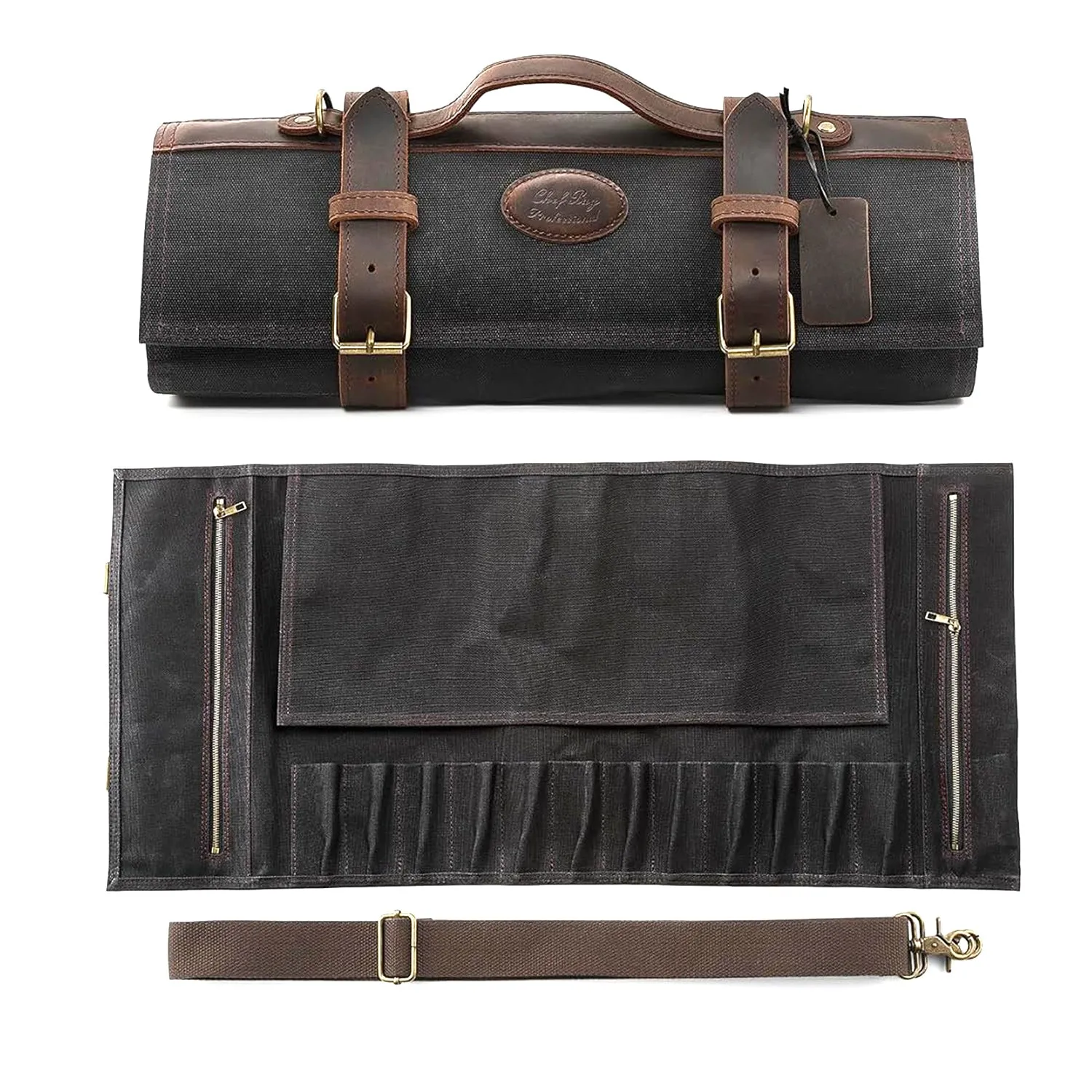 Pro Knife Bag (12 knives) Leather and Black Canvas