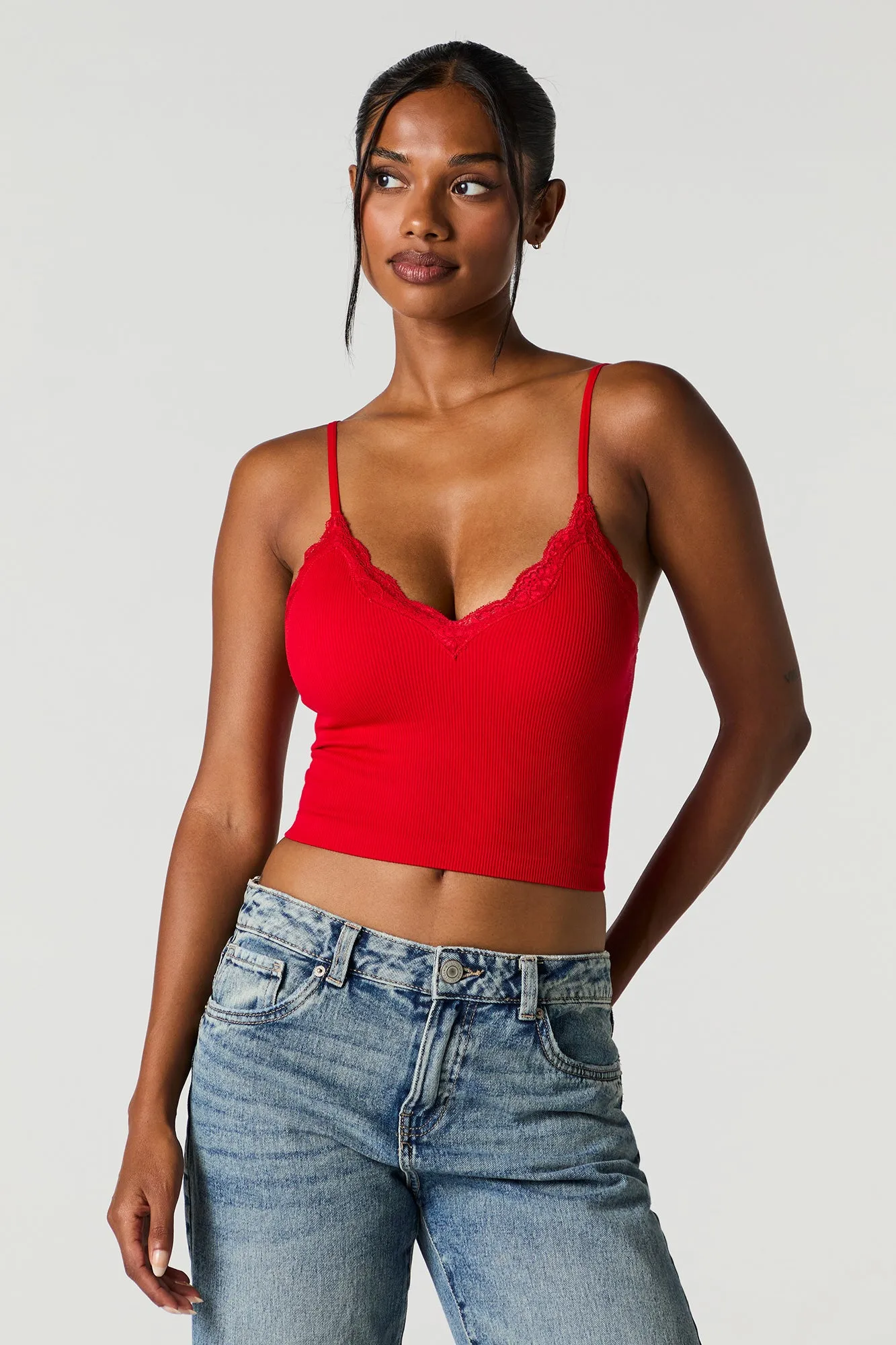 Seamless Ribbed Lace Trim Cami with Built-In Bra Cups