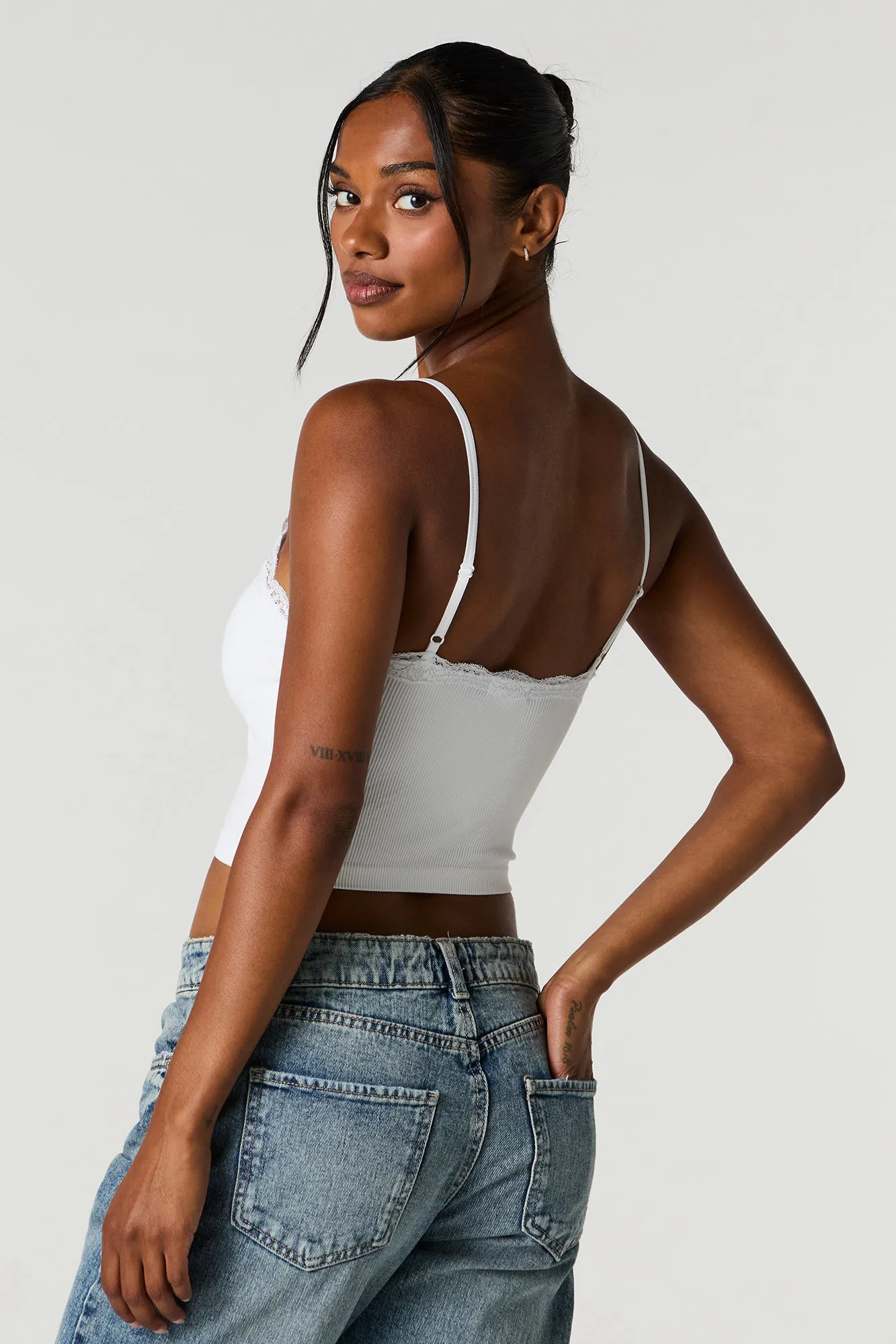 Seamless Ribbed Lace Trim Cami with Built-In Bra Cups