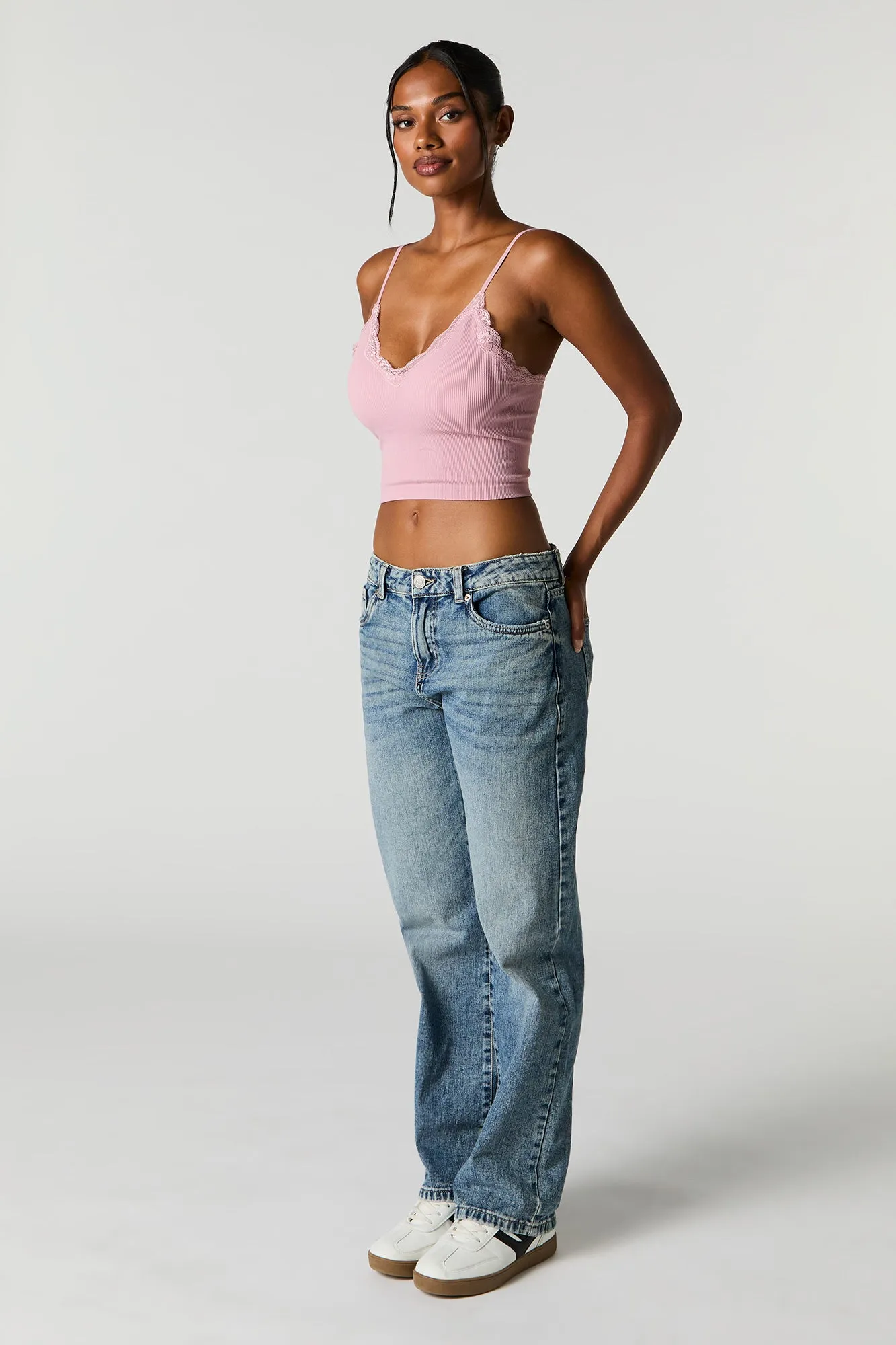 Seamless Ribbed Lace Trim Cami with Built-In Bra Cups