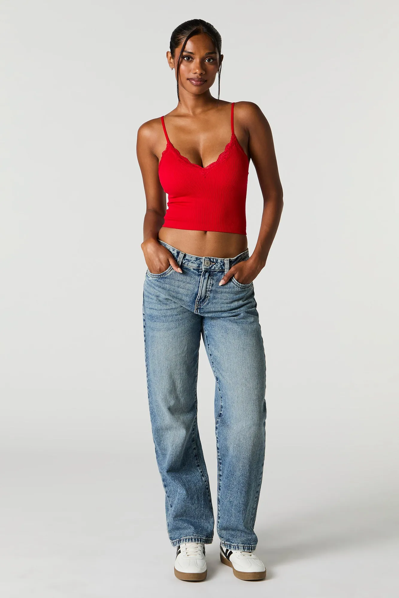 Seamless Ribbed Lace Trim Cami with Built-In Bra Cups